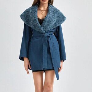 Blue Casual Womens Teddy Coat